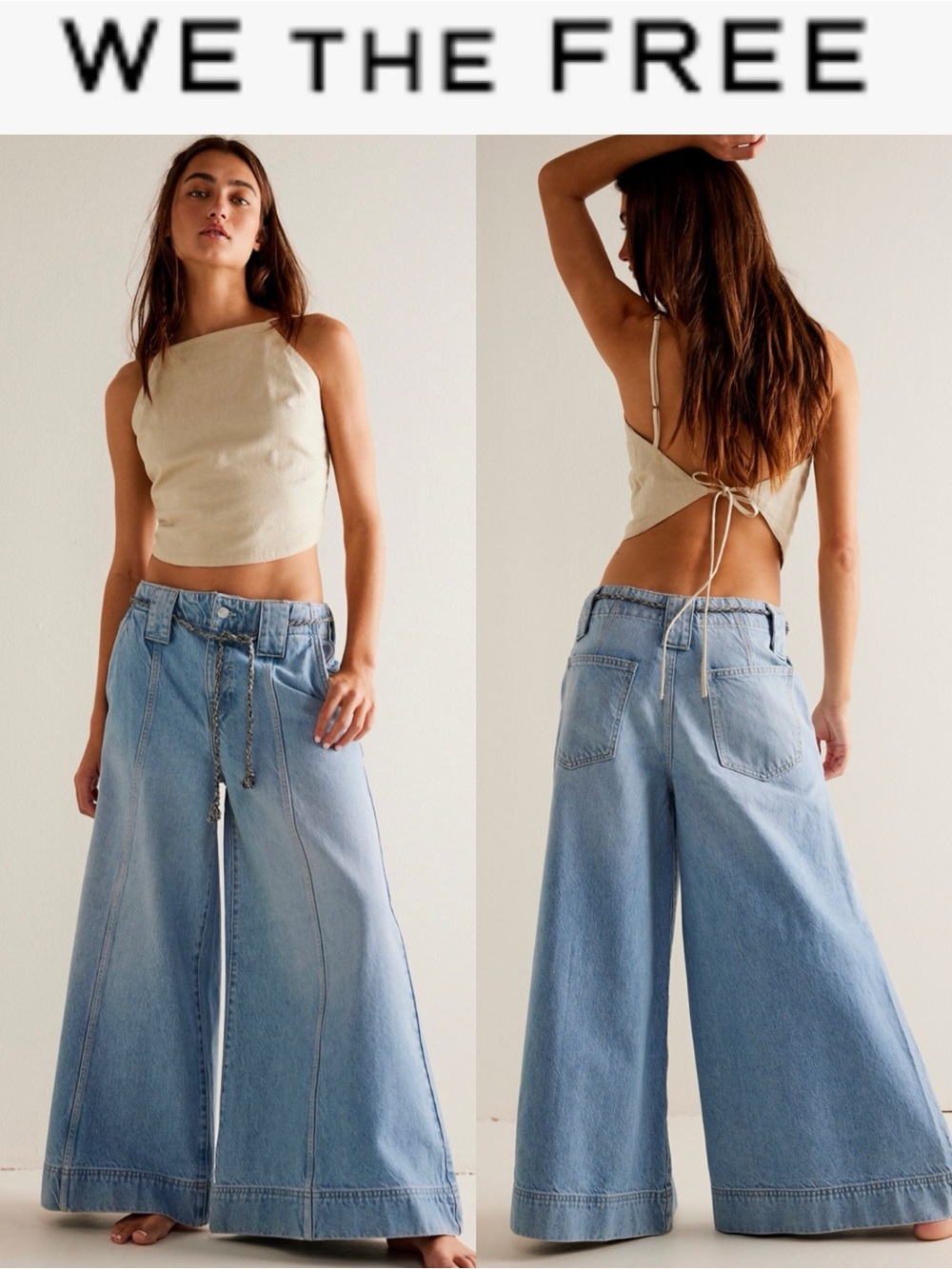 FREE PEOPLE WE THE FREE SHEER LUCK CROPPED WIDE LEG JEANS SIZE 26 LIGHT WASH